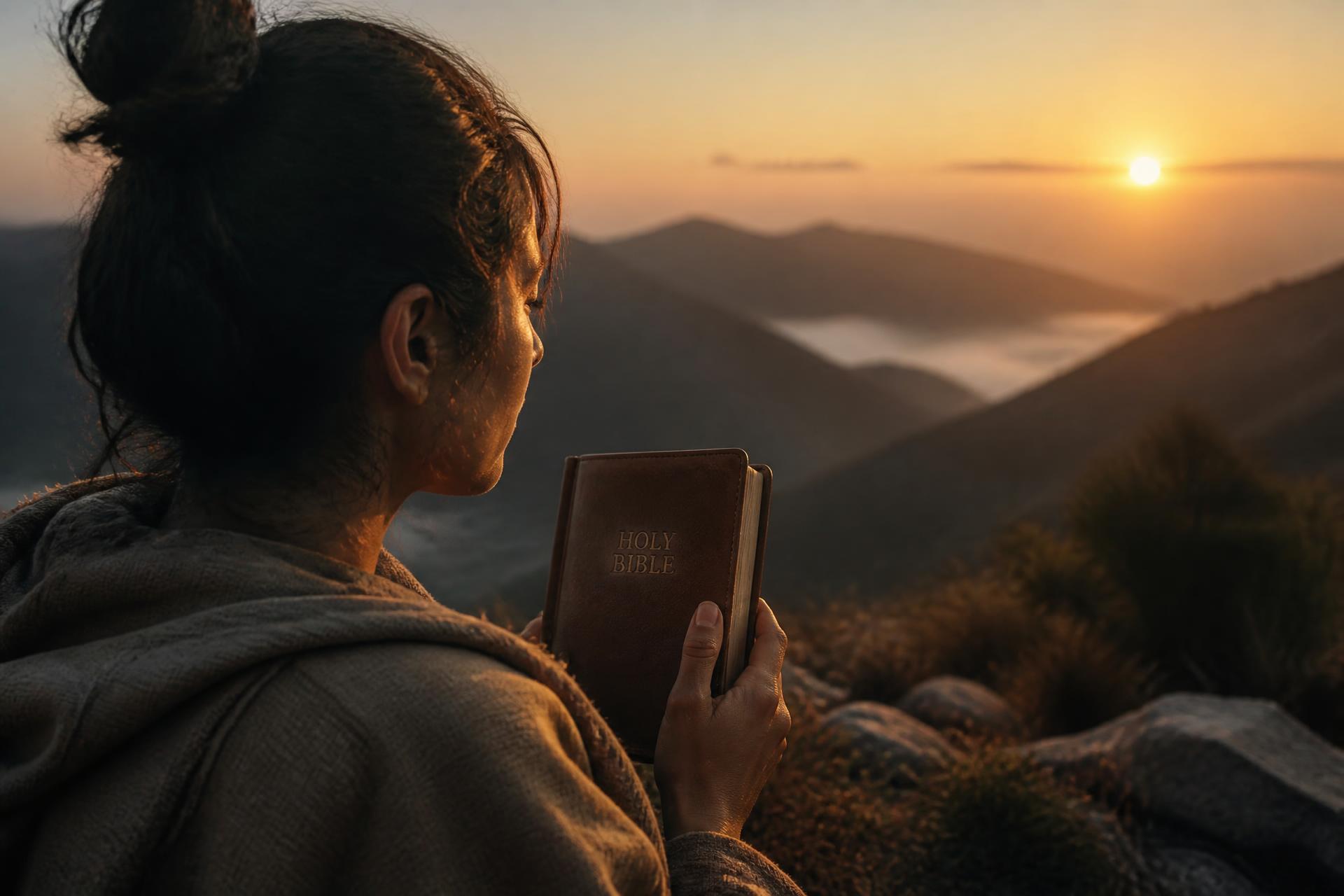 Persona sosteniendo una Biblia frente a un amanecer sobre las montañas
