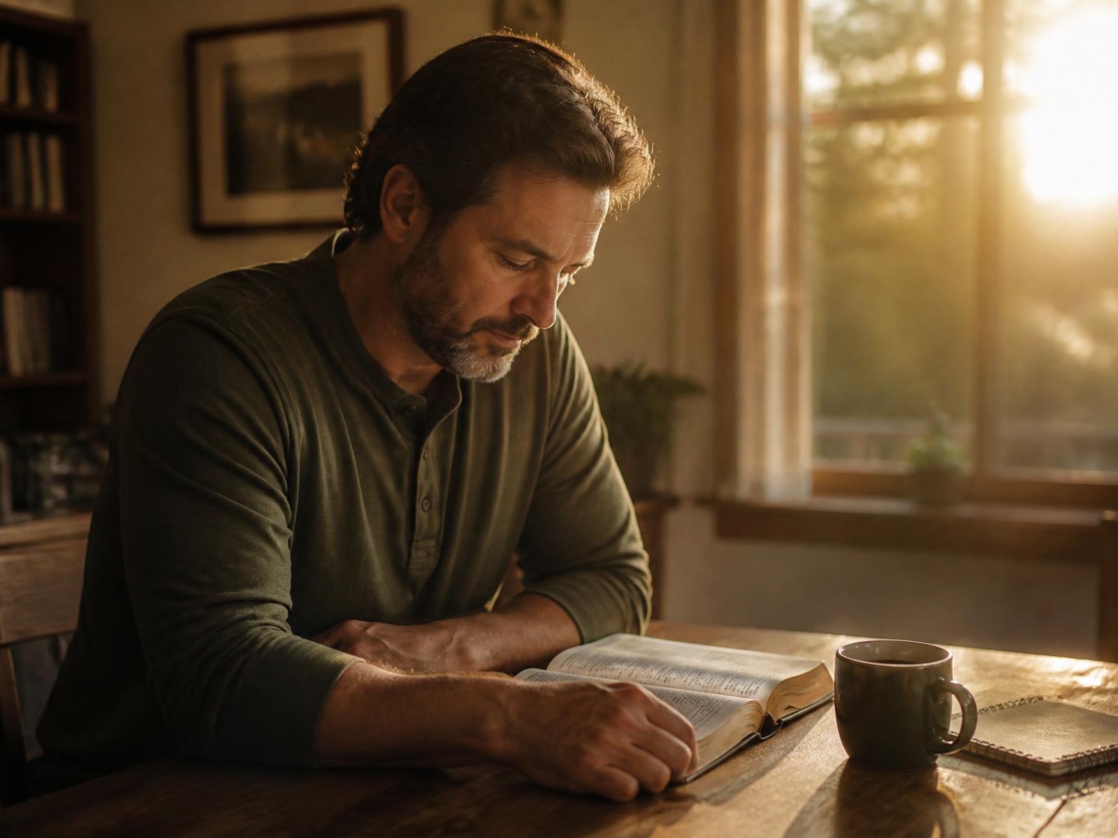 Hombre leyendo la Biblia al amanecer junto a una taza de café