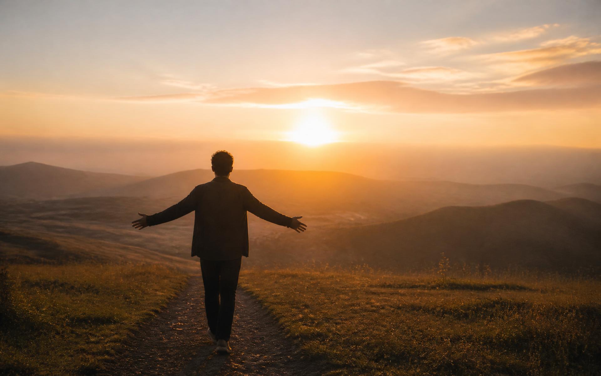 Persona caminando hacia un amanecer sobre las montañas con los brazos abiertos